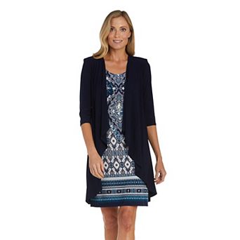 Petite R&M Richards 2 pc Puff Print Jacket & Dress Set With Necklace