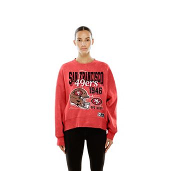 Women's New Era Scarlet San Francisco 49ers Throwback Mineral Wash Boxy Fleece Crewneck Sweatshirt