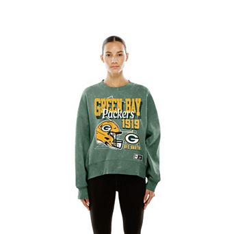 Women's New Era Green Green Bay Packers Throwback Mineral Wash Boxy Fleece Crewneck Sweatshirt