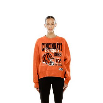 Women's New Era Orange Cincinnati Bengals Throwback Mineral Wash Boxy Fleece Crewneck Sweatshirt