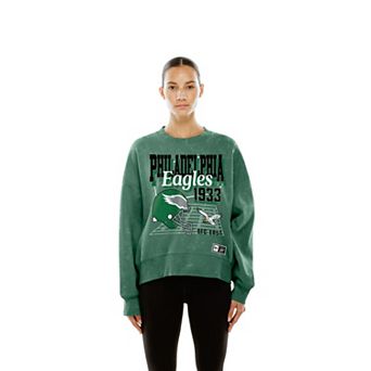 Women's New Era Kelly Green Philadelphia Eagles Throwback Mineral Wash Boxy Fleece Crewneck Sweatshirt