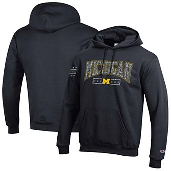 Men's Champion Black Michigan Wolverines Operation Hat Trick Camo Script Powerblend Fleece Hoodie
