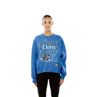 Women's New Era Blue Detroit Lions Throwback Mineral Wash Boxy Fleece Crewneck Sweatshirt