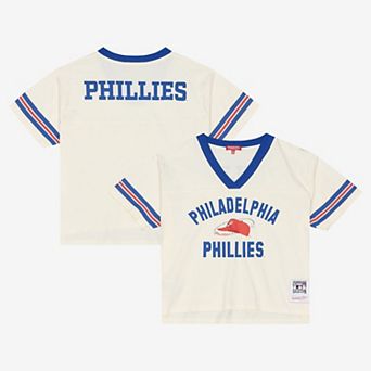 Women's Mitchell & Ness Cream Philadelphia Phillies Cooperstown Collection Retro Roots Crop Boxy Yoke T-Shirt