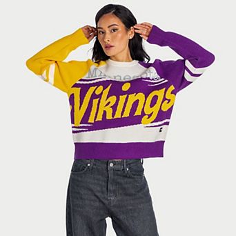 Women's The Wild Collective Cream Minnesota Vikings Boxy Raglan Jacquard Crewneck Sweater