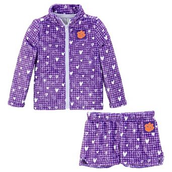 Girls Toddler ZooZatz Purple Clemson Tigers Heart Plaid Plush Full-Zip Jacket & Shorts Set