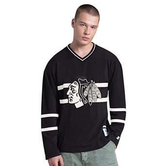 Men's Starter Black Chicago Blackhawks Line Up Long Sleeve V-Neck T-Shirt