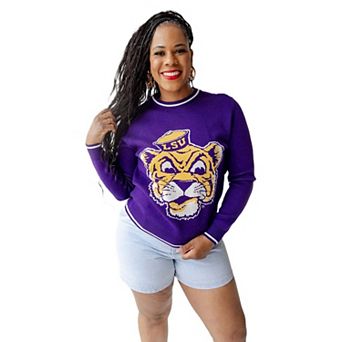 Women's Gameday Social Purple LSU Tigers Intarsia Mascot Sweater