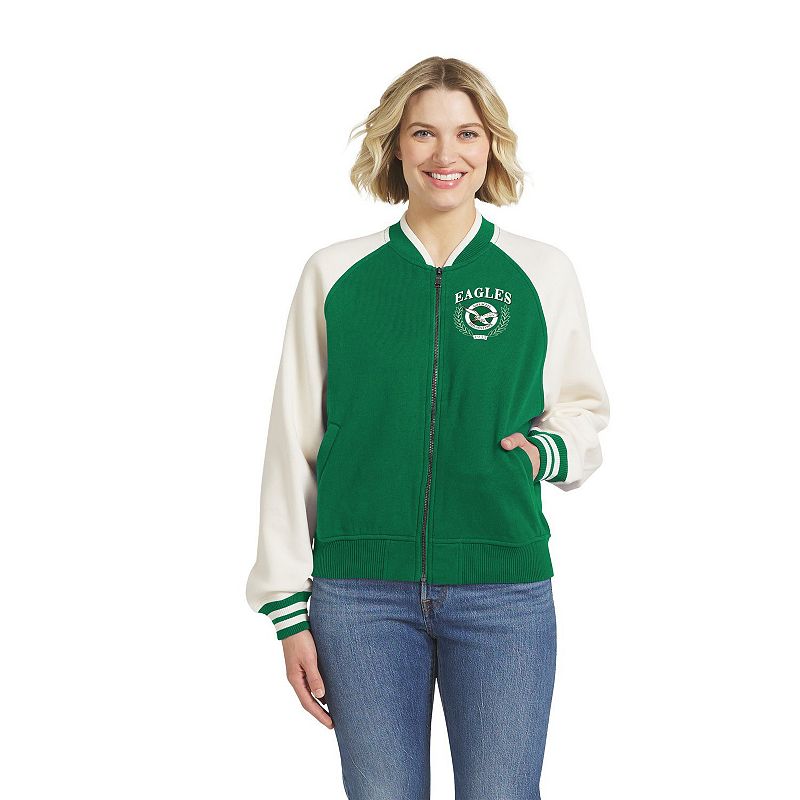 Women's WEAR by Erin Andrews Kelly Green Philadelphia Eagles Throwback Varsity Fleece Raglan Full-Zip Jacket,