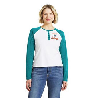 Women's WEAR by Erin Andrews White/Aqua Miami Dolphins Henley Long Sleeve Raglan T-Shirt