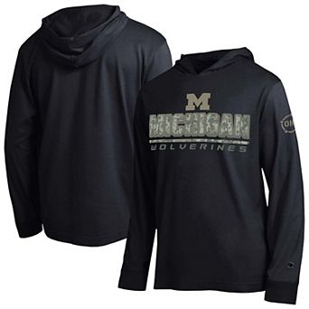 Men's Champion Black Michigan Wolverines Operation Hat Trick Camo Script Hooded Long Sleeve T-Shirt