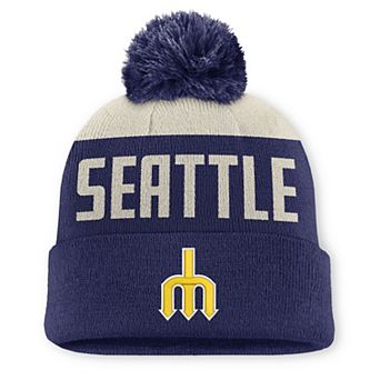 Men's Nike Natural/Navy Seattle Mariners Cooperstown Collection Peak Standard Cuffed Knit Hat with Pom