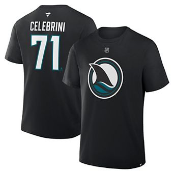 Men's Fanatics Macklin Celebrini Black San Jose Sharks Authentic Stack Name & Number T-Shirt
