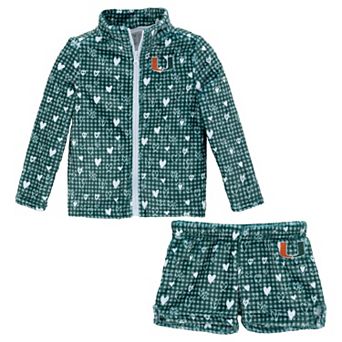 Girls Toddler ZooZatz Green Miami Hurricanes Heart Plaid Plush Full-Zip Jacket & Shorts Set