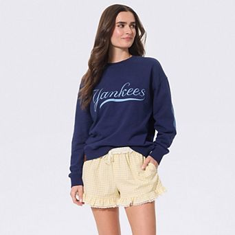 Women's Terez Navy New York Yankees Denim Patch Crewneck Sweatshirt