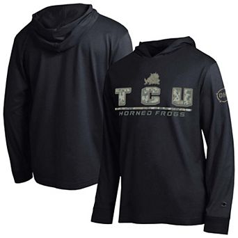 Men's Champion Black TCU Horned Frogs Operation Hat Trick Camo Script Hooded Long Sleeve T-Shirt