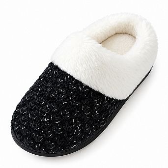 Women's Knit Memory Foam Clog Slippers Plush Faux Fur Collar Indoor/Outdoor House Shoes