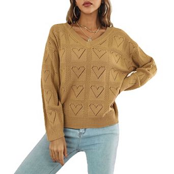 Women V Neck Heart Sweater Long Sleeve Hollow Out Knit Pullover Cute Sweaters