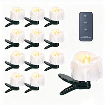 12 pc Timer Flickering Tealight Candles LED Flicker Candles with Clips for Christmas Tree Decor