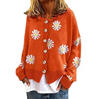 Womens Floral Embroidered Cardigan Long Sleeve Open Front Knit Sweater Jacket