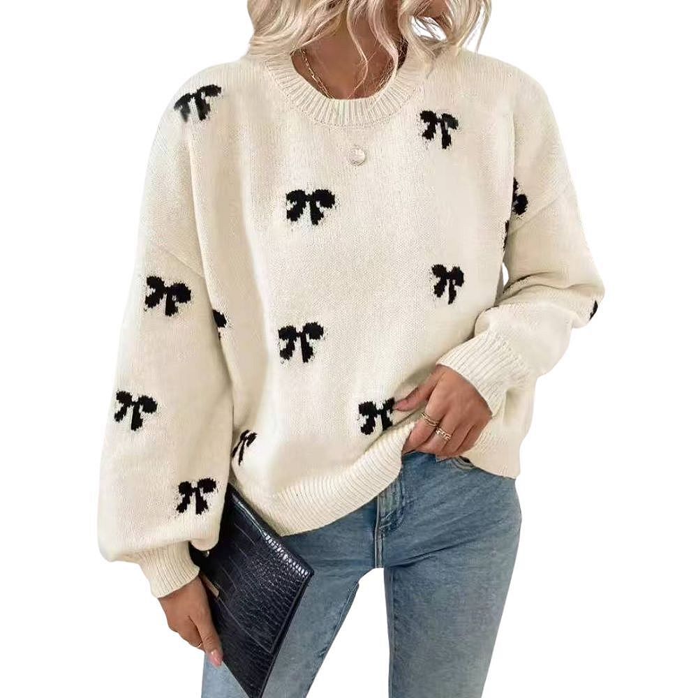 Womens Crew Neck Bow Pattern Sweater Long Sleeve Textured Knit Pullover Top