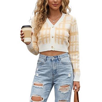 Womens Color Block Cardigan Button Front Cropped Knit Jacket Short Top