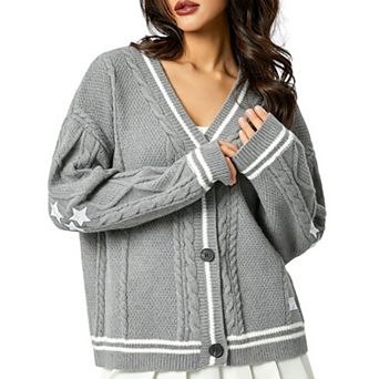 Womens Floral Embroidered Cardigan Open Front Relaxed Fit Knit Sweater Jacket