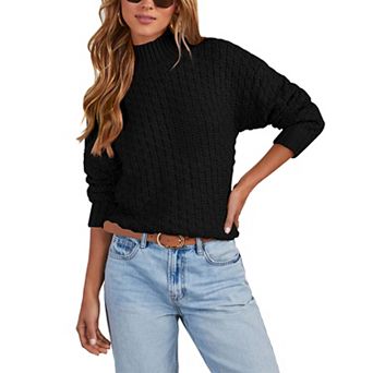 Womens Mock Neck Chunky Knit Sweater Long Sleeve Drop Shoulder Pullover