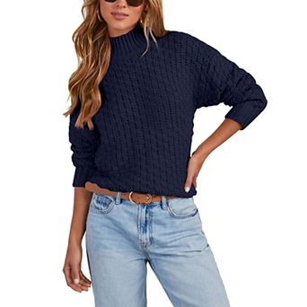Womens Mock Neck Chunky Knit Sweater Long Sleeve Drop Shoulder Pullover
