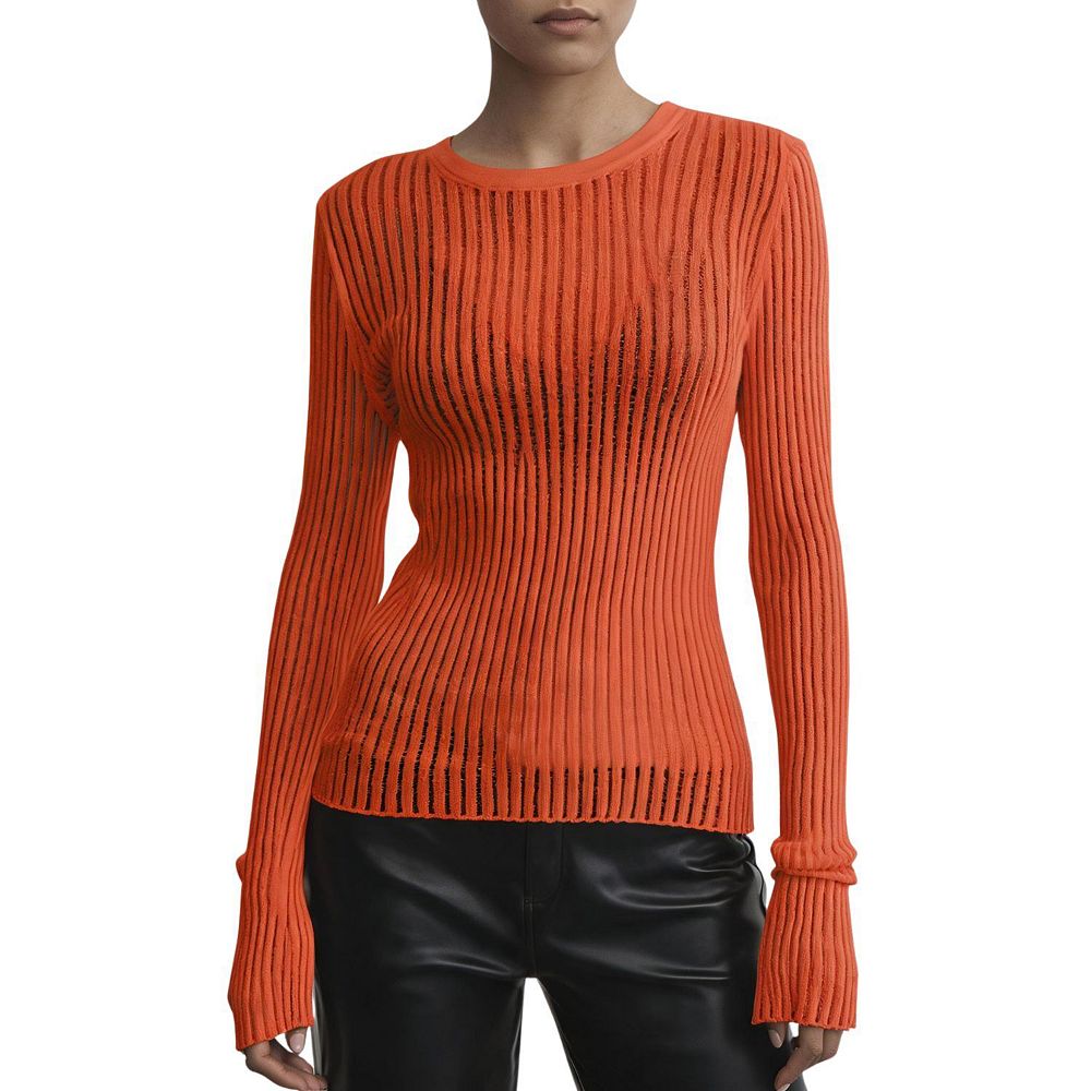 Womens Crew Neck Ribbed Knit Sweater Long Sleeve Slim Fit Pullover Top