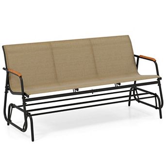 Costway Patio Glider Bench for 3 Swing Gliding Loveseat with Curved Teak Armrests for Porch