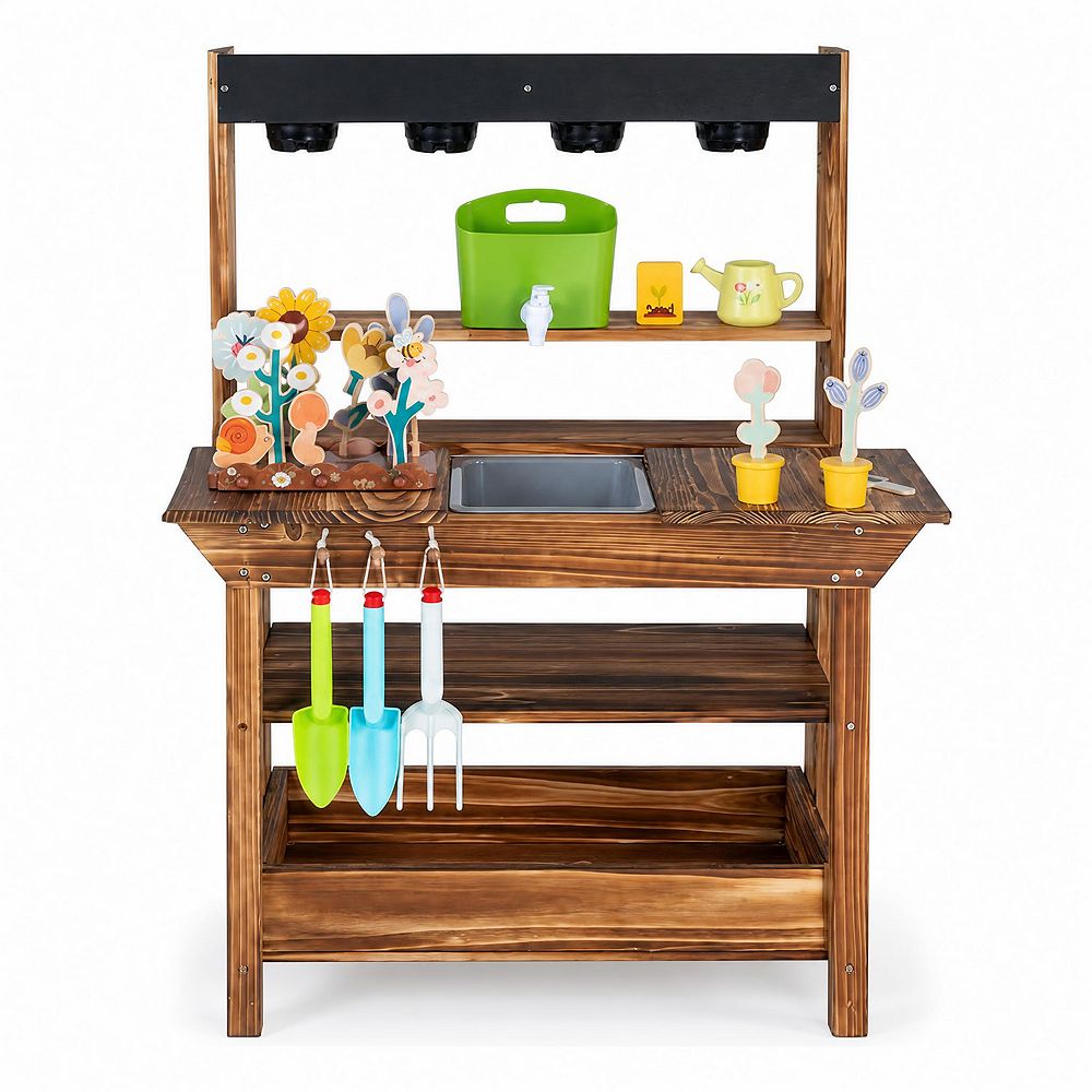 Costway Outdoor Wood Mud Kitchen for Kids with Water Faucet, Sink