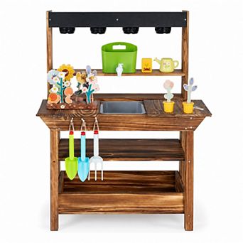 Costway Outdoor Wood Mud Kitchen for Kids with Water Faucet, Sink, Planter, Seeding Pots