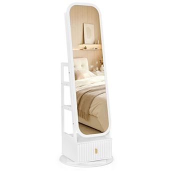 Costway 360° Swivel Jewelry Cabinet with Full-Length Mirror & Dual Hooks, Storage Shelves