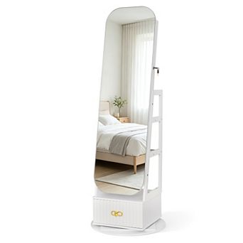 Costway 360° Swivel Jewelry Cabinet with Full-Length Mirror, LED Lights, Storage Shelves