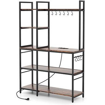Costway Bakers Rack 5 tier Coffee Bar Table with 10 S-Shaped Hooks & Power Outlets