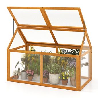Costway Wood Cold Frame Greenhouse with Transparent Panels Adjustable Roof, Indoor Outdoor