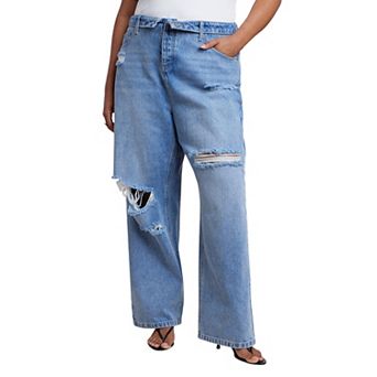 ELOQUII Women's Plus Size Foldover Waistband Distressed Straight-Leg Jean