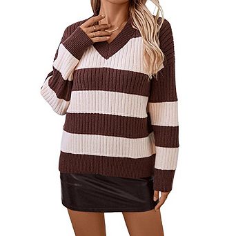 XuBa Women V Neck Striped Knit Sweater Color Block Long Sleeve Ribbed Pullover