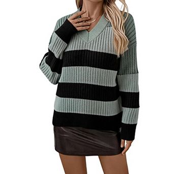 XuBa Women V Neck Striped Knit Sweater Color Block Long Sleeve Ribbed Pullover