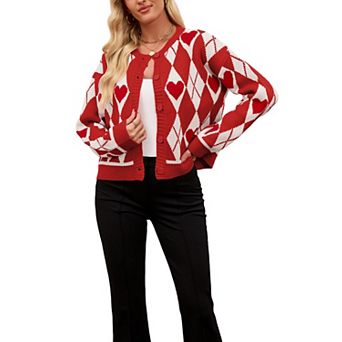 XuBa Women's Long Sleeve Knit Cardigan Heart Argyle Button Front Sweater Coat Casual Outerwear