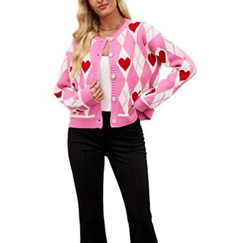 XuBa Women's Long Sleeve Knit Cardigan Heart Argyle Button Front Sweater Coat Casual Outerwear