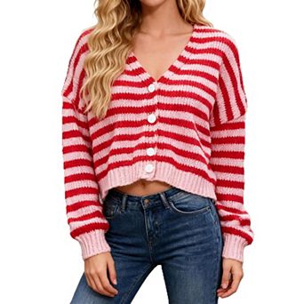 XuBa Women V-Neck Striped Cardigan Color Block Button Down Sweater