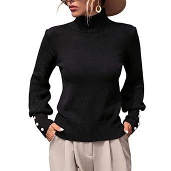 XuBa Women Long Sleeve Pearl Cuff Pullover Turtleneck Knit Sweater