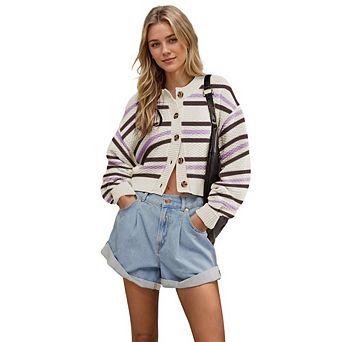 XuBa Women Striped Color Block Cardigan Button Down Cropped Sweater