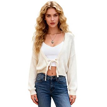 XuBa Women's Cropped Tie Front Cardigan Long Sleeve Bow Sweater