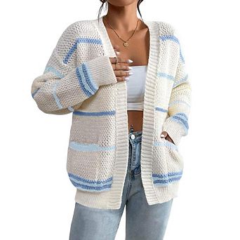 XuBa Women Rainbow Striped Cardigan V Neck Open Front Long Sleeve Sweater Coat