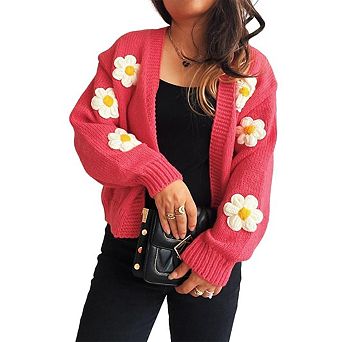 XuBa Women Floral Cardigan V Neck Long Sleeve Knit Sweater