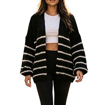 Womens V Neck Stripe Cardigan Long Sleeve Relaxed Fit Midi Length Knit Sweater