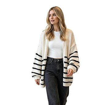 Womens V Neck Stripe Cardigan Long Sleeve Relaxed Fit Midi Length Knit Sweater